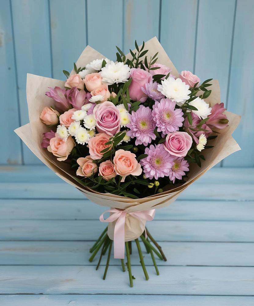 Букет цветов из: Хризантемы, Розы и Альстромерии в Пустошке