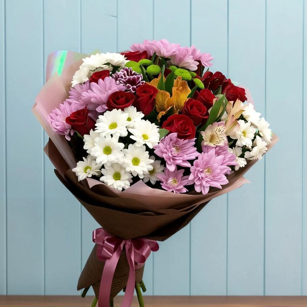 Букет цветов из: Розы, Хризантемы и Альстромерии в Пустошке