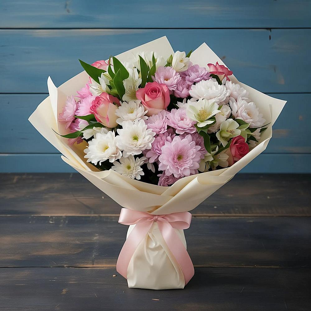 Букет цветов из: Хризантемы, Альстромерии и Розы в Пустошке